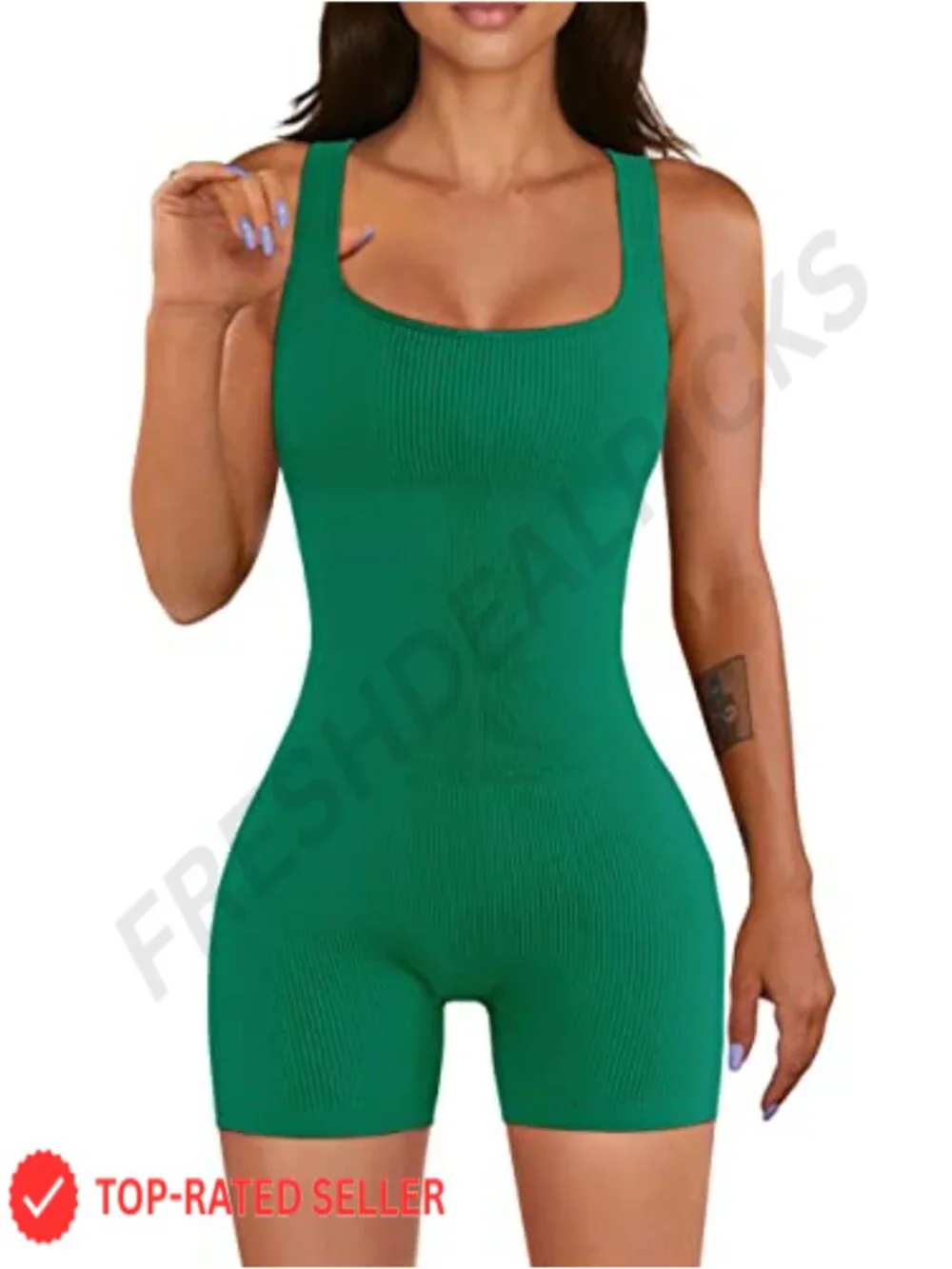 Women's Seamless Ribbed Square Neck Yoga Jumpsuit Romper, 4-Way Stretch,